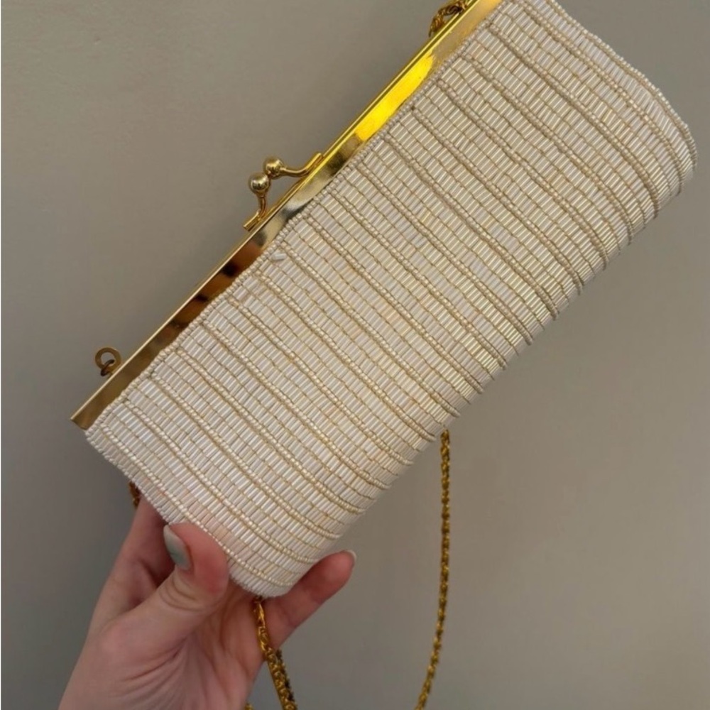 Carlo Fellini Elegant Ivory Beaded Evening Clutch with Gold Frame